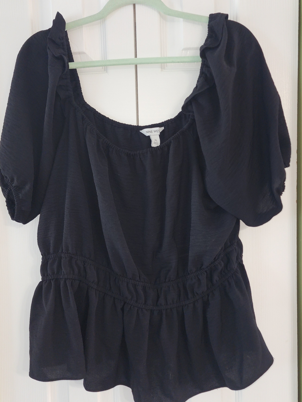 Nine West Black Puff-Sleeve Peplum Top, Peasant